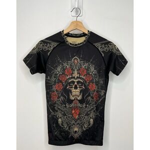 Venum Santa Muerte Rash Guard MMA Mens Short Sleeve Small Compression Gothic EUC